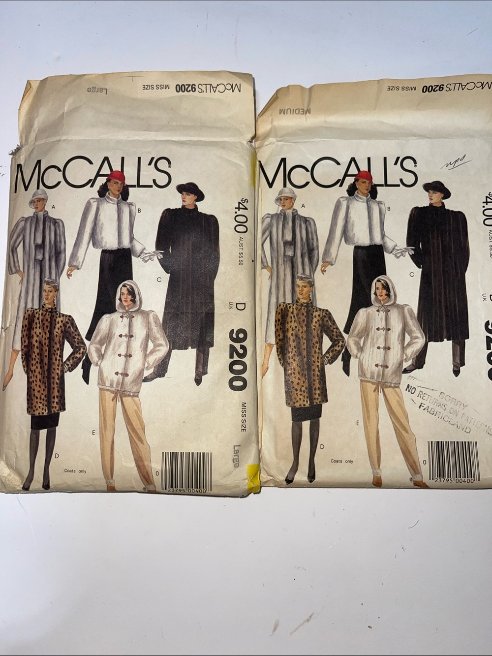 5/$25 McCall's Vintage Coat Pattern 9200 - Neutral and Black Illustrations